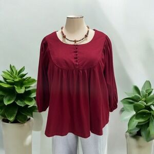 Wayward Fancies Eshakti 4X-28W Maroon Peasant Top With Button-Front & Puff Sleev